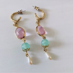 Gold Drop Earrings- Gemstone and Faux Pearl- Pierced Ears- Costume Jewelry